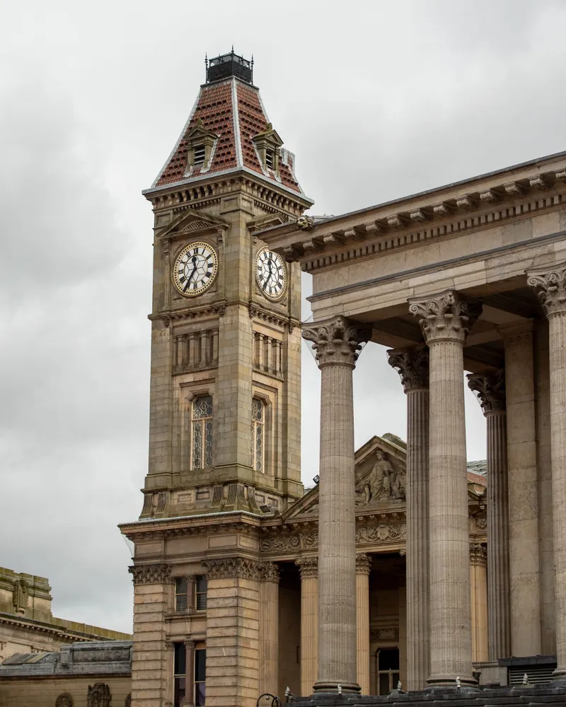 The Big Brum clock tower and classical columns in Birmingham city centre